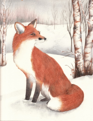 Winter Fox, Watercolor, Karen Peter